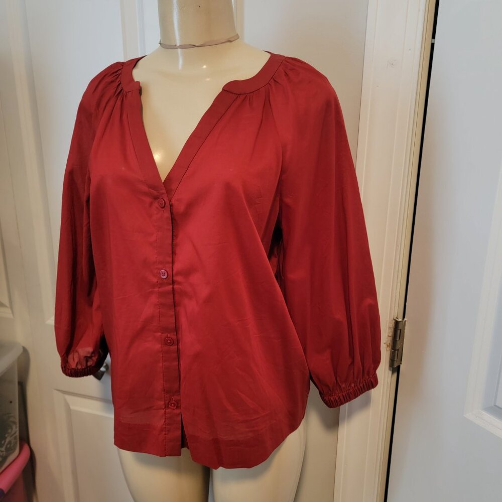 Alfani Terra Nova Cardinal Rouge Red V Neck Button Down Peasant Blouse - Picture 6 of 16